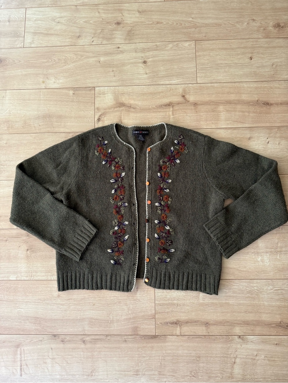 Vintage Jamie Scott Wool Cardigan Womens M L Olive Floral Embroidered